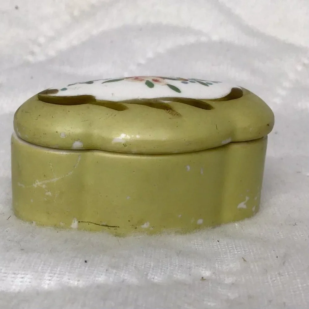 Vintage ELFINWARE Set Of 4 Hand-Painted Porcelain TRINKET BOXES Green With Rose